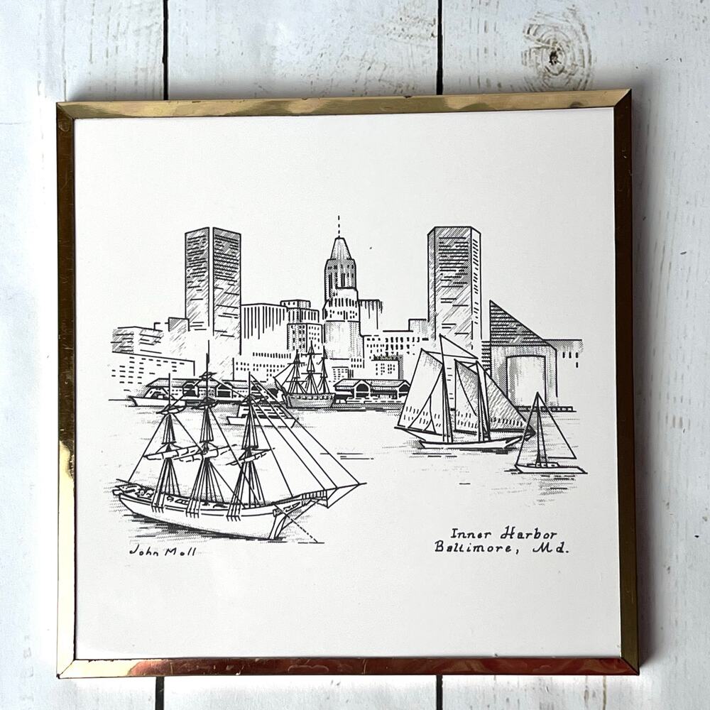 Vintage John Moll Decorative Tile Inner Harbor Baltimore Brass Trim Ship City